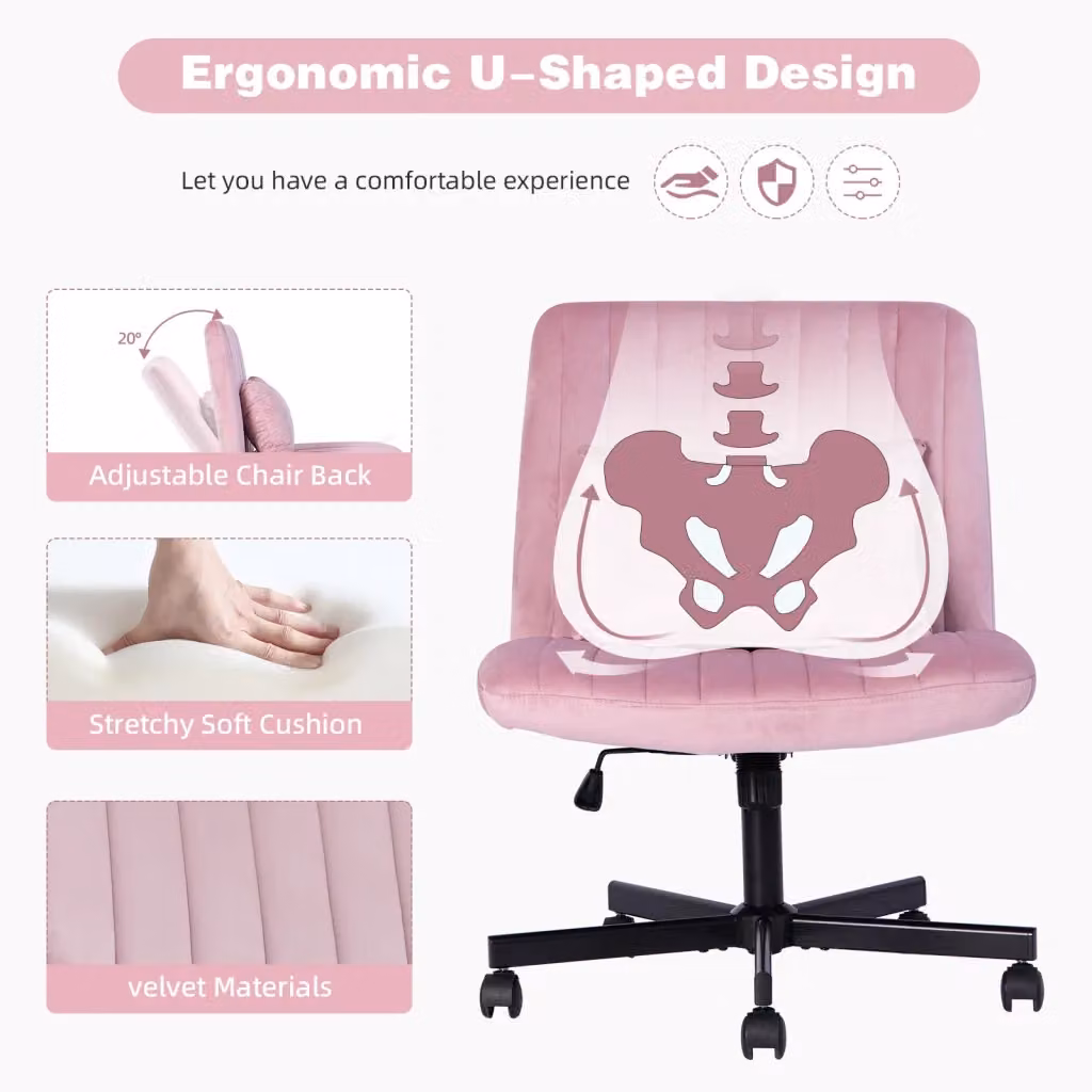 Sedia da ufficio girevole OKWISH in velluto rosa, modello moderno con ruote e base in metallo e plastica – 2