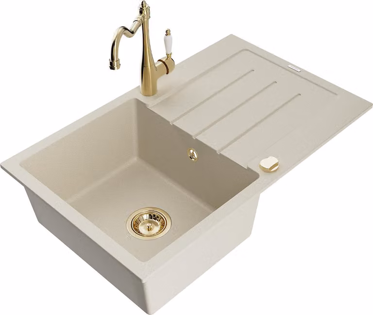 Mexen Bruno lavello in granito a 1 vasca con sgocciolatoio e rubinetto da cucina Carla, beige - 6513-69-670700-50