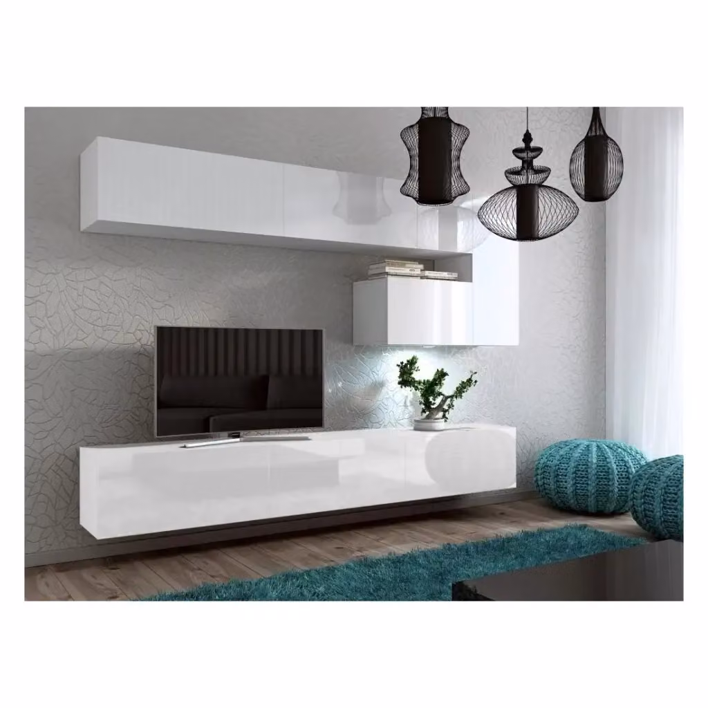 Set di mobili da soggiorno sospesi Meublorama collezione CEPTO, 8 elementi bianchi e multicolore con illuminazione LED integrata, L: 251 cm – 2