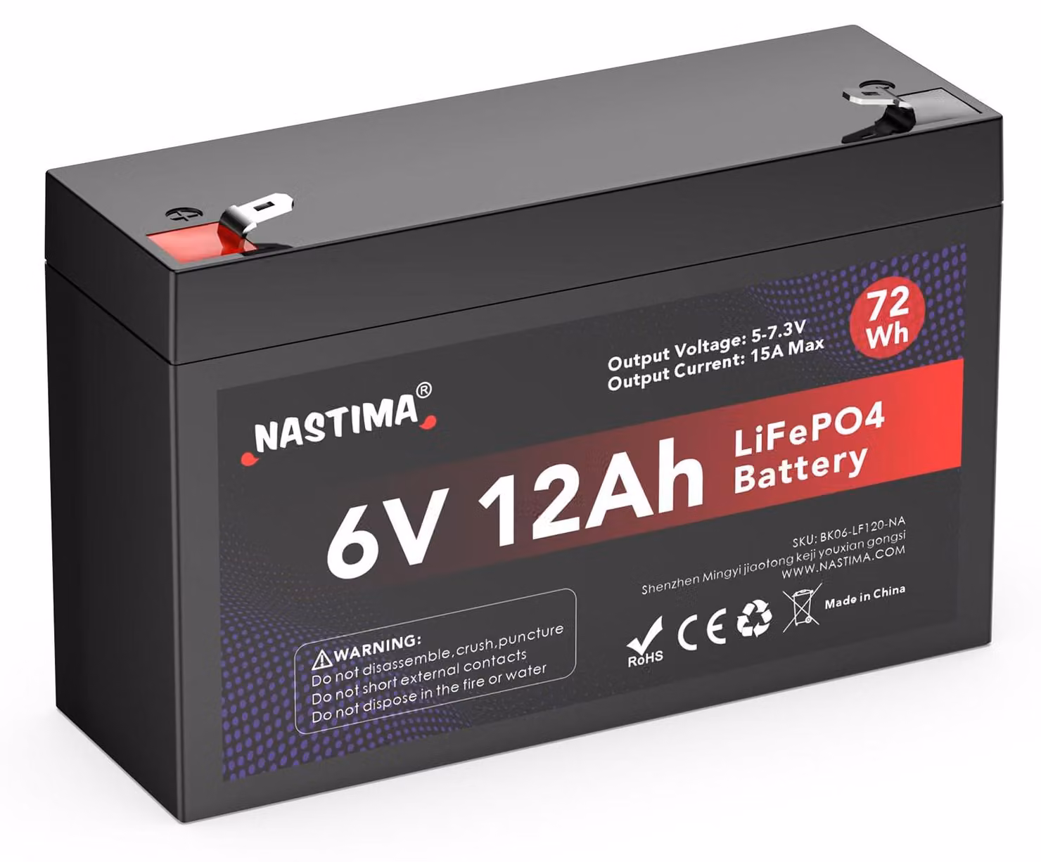 Batteria LiFePO4 da 6V, 12Ah, 72Wh, con sistema di gestione della batteria (BMS), con una durata di 4000 cicli