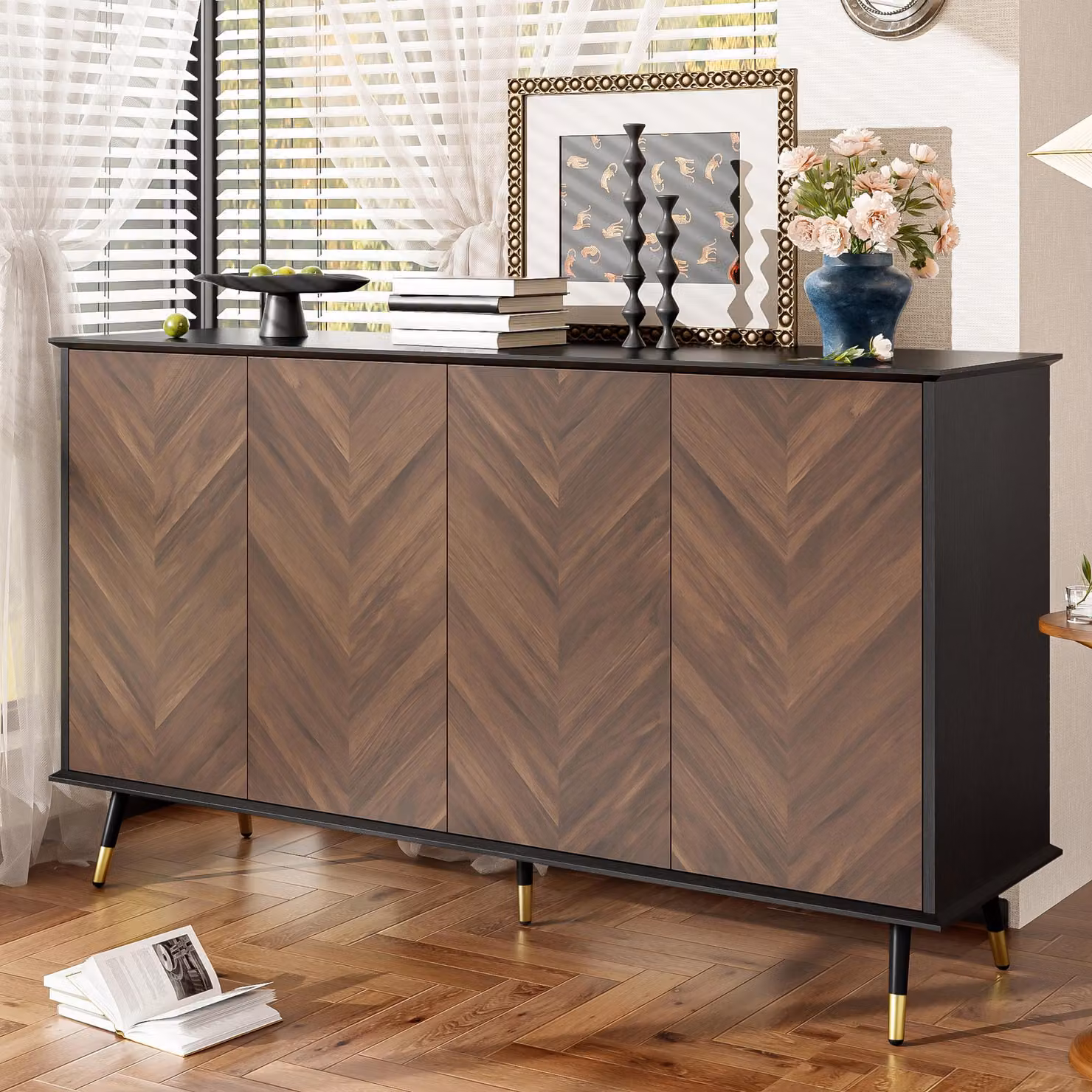 Credenza Merax con motivo a spina di pesce, comò a 4 ante con ripiani regolabili in altezza, in MDF, gambe in metallo, spazio contenitivo per soggiorno, ingresso e sala da pranzo