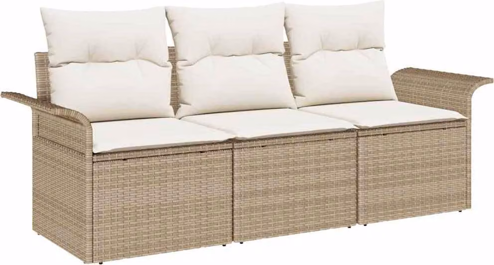 Set Divano da Giardino con cuscino 3 pcs Beige Poly Rattan