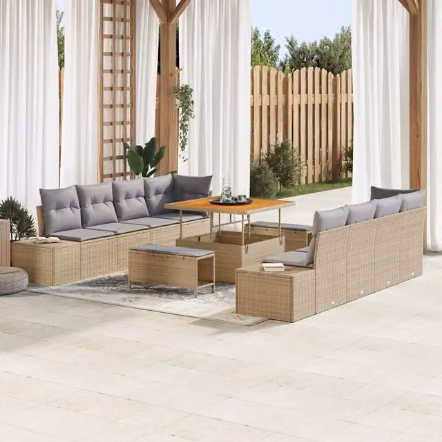 Set Divano da Giardino vidaXL 11 pz Beige con Cuscini e Tavolino in Polyrattan e Acciaio