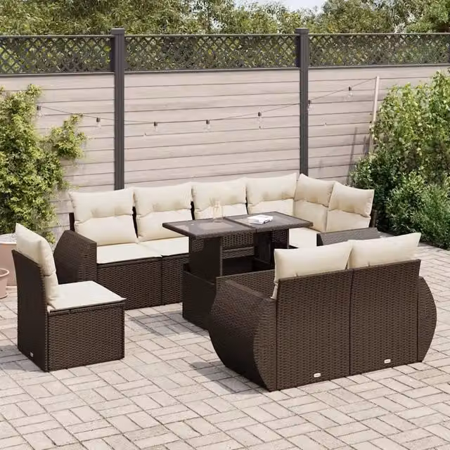 Set da giardino vidaXL composto da 9 pezzi con cuscini marroni e bianchi in rattan e metallo per esterno