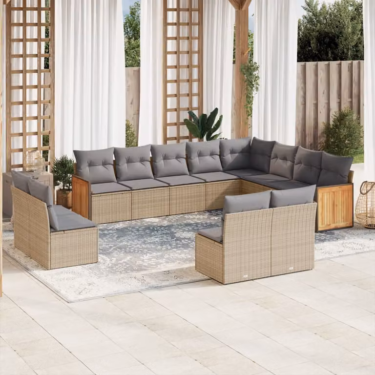vidaXL Set Divano da Giardino a L con Cuscini Beige e Grigio in Polyrattan e Legno di Acacia
