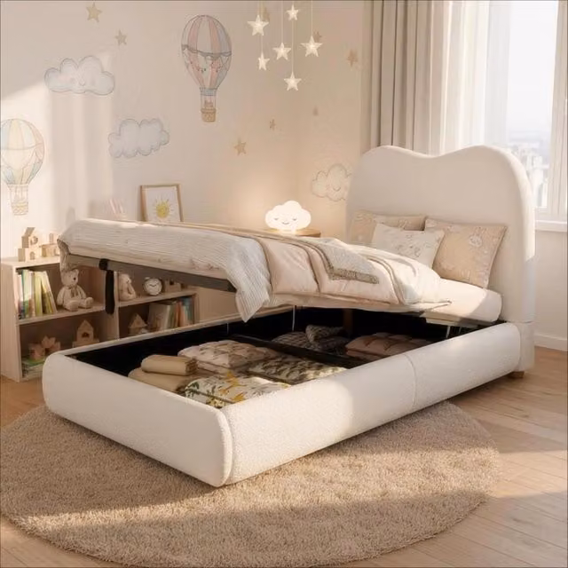 Letto imbottito per bambini WISHDOR con contenitore idraulico e rete a doghe, rivestimento in Bouclé beige, 90 x 200 cm