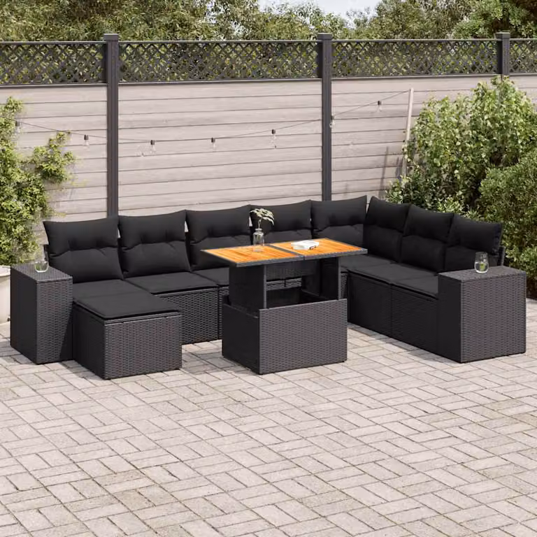 Set di divani da giardino vidaXL 9 pezzi in rattan e legno di acacia oliato con cuscini colore nero