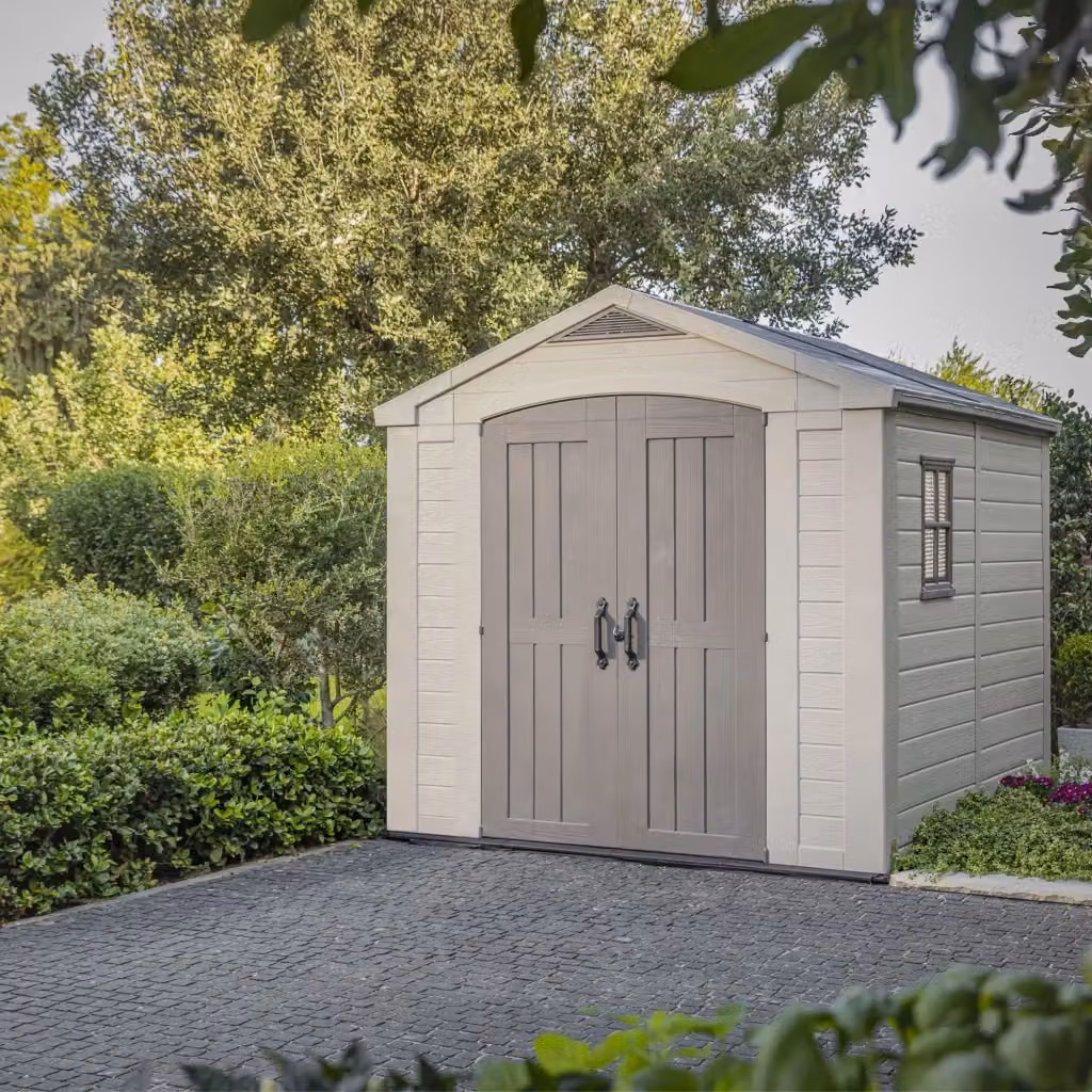 Casetta da Giardino Keter Factor 8x8 in Resina Beige con Doppia Porta e Finitura Effetto Legno L: 256,50 cm, P: 243 cm, H: 255 cm – 2