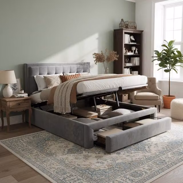 Letto contenitore imbottito ¨C Minimal ¨C Grigio velluto 140x200 cm con rete a doghe cassetti