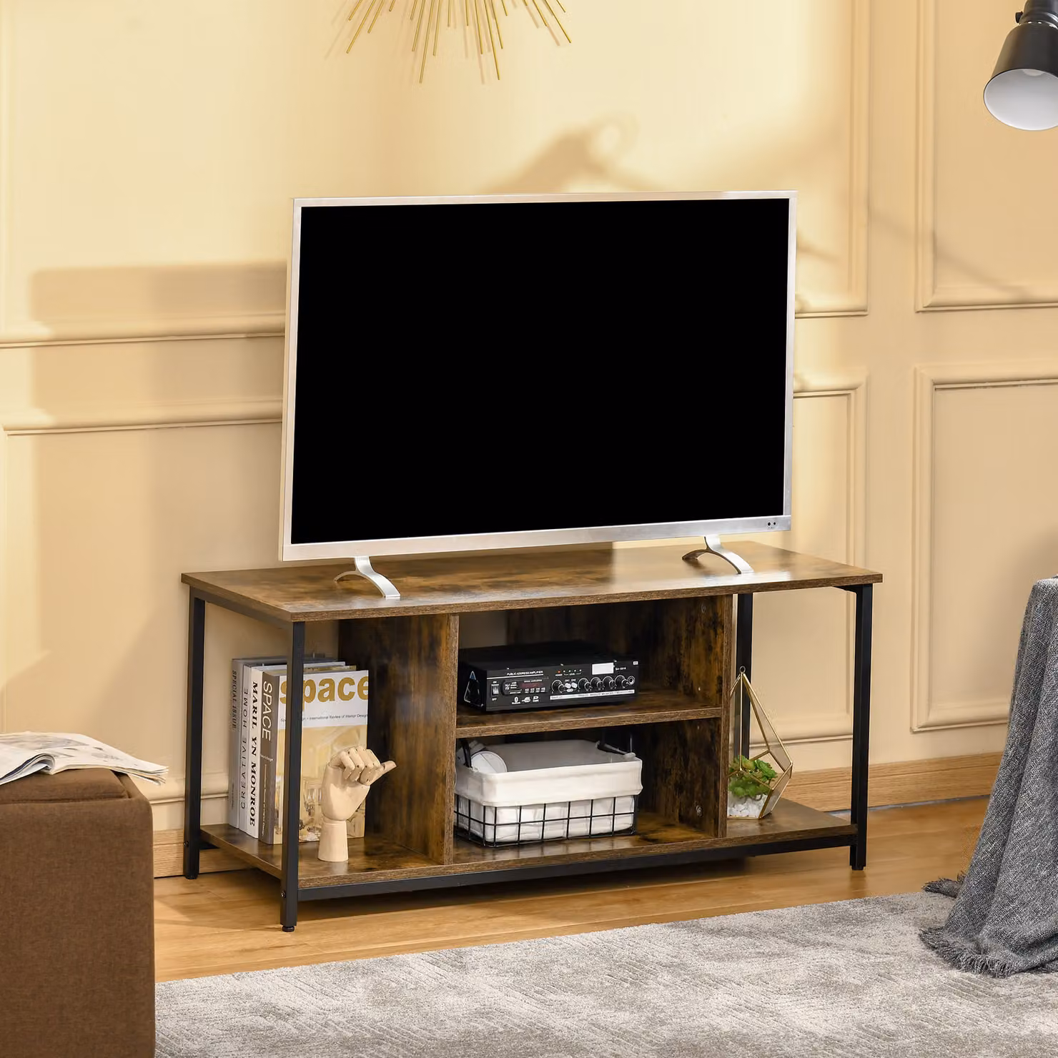 Mobile Porta TV HOMCOM in Stile Industriale con 4 Ripiani Aperti, Legno e Acciaio, Marrone Rustico, L 110 x P 40 x H 50 cm – 2