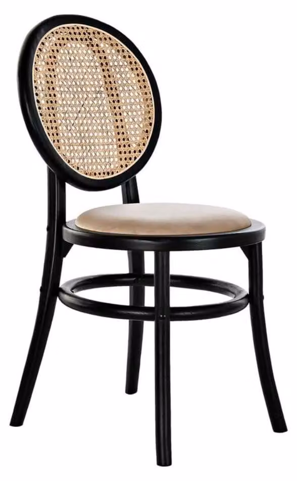 Sedia da pranzo in rattan, modello Ulme, nera/beige, dimensioni 65x99x44 cm