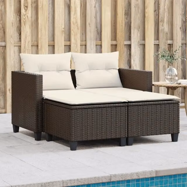 Divano da Giardino 2 Posti con Sgabelli-Sofa da Giardino-Divano da esterno Marrone in Polyrattan