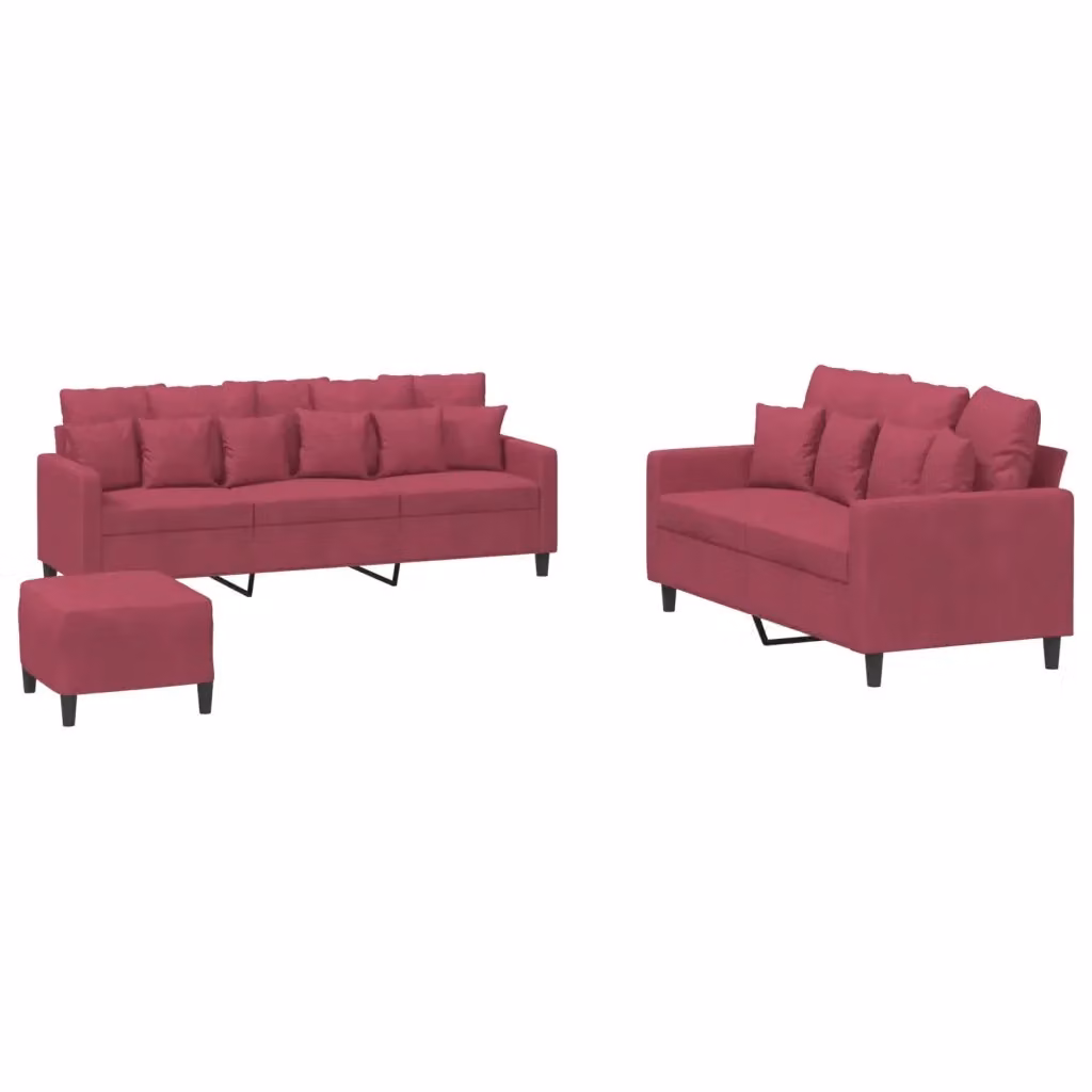 Set di divani vidaXL in velluto rosso composto da divano a 3 posti, divano a 2 posti e pouf con cuscini inclusi – 2