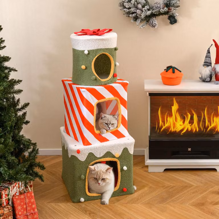 COSTWAY Caverna per gatti a 3 livelli, 120 cm, scatole regalo impilabili con neve, fiocco e palla, casa per gatti in peluche, letto per gatti