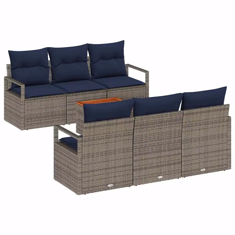 Set Divano da Giardino a L vidaXL 7 Pezzi con Tavolino, Polyrattan Grigio e Blu con Cuscini Imbottiti e Rivestimenti Rimovibili