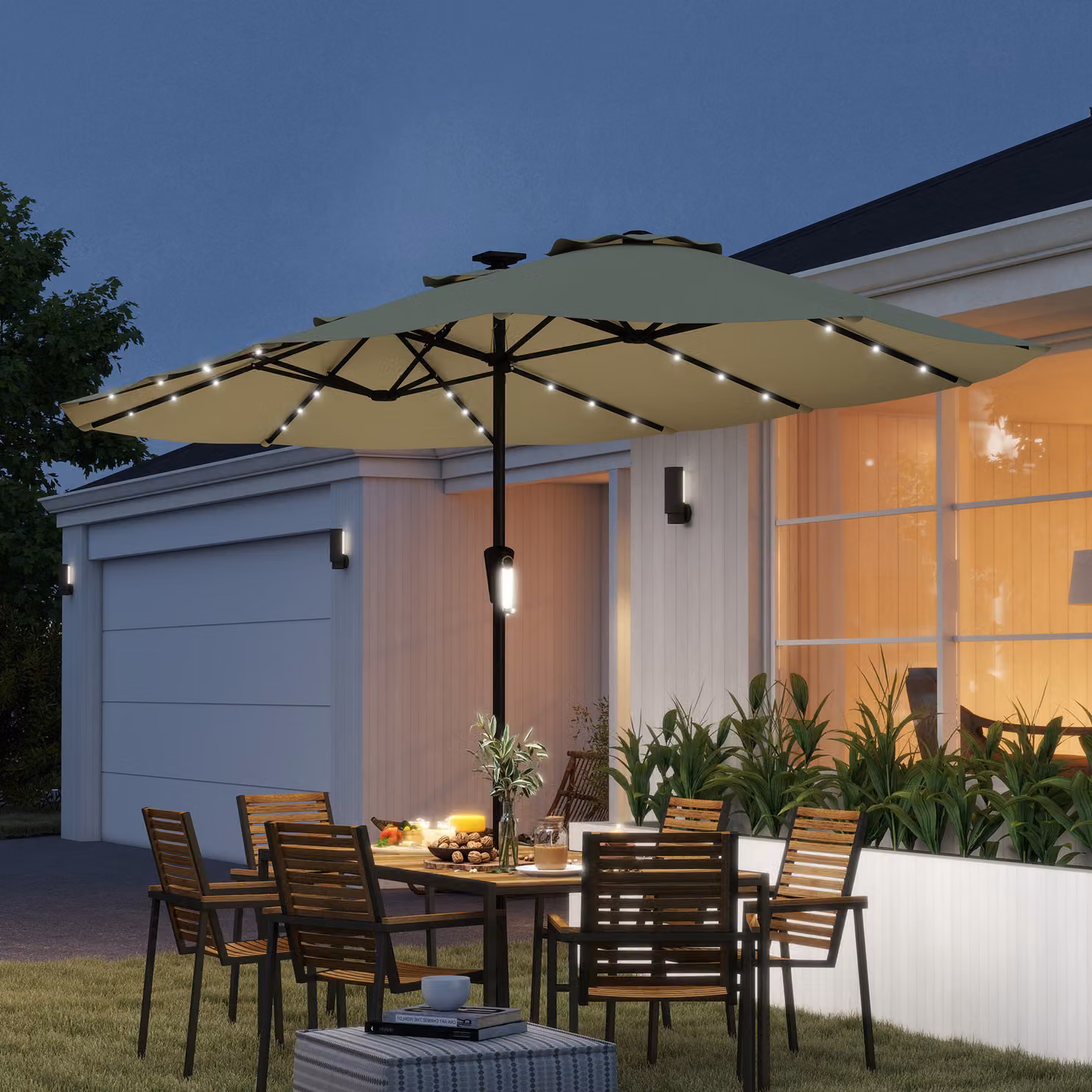 Ombrellone Doppio da Giardino Outsunny Beige con 36 Luci LED, Protezione UPF50+, Manovella e 12 Stecche, L/P: 4 x 2 m – 2