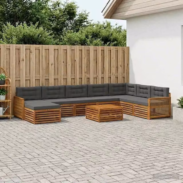 Set di divani da esterno a L con tavolino e pouf vidaXL in legno di acacia, colore antracite e marrone naturale