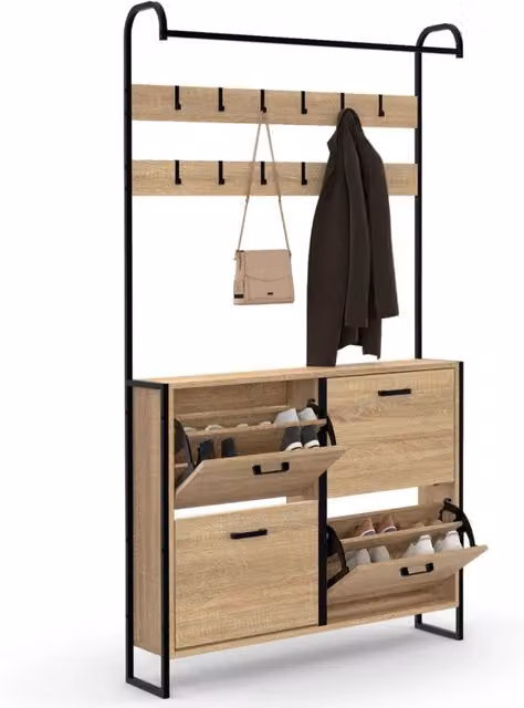 IDMarket Scarpiera LUIS da corridoio a 4 ante design industriale in legno e metallo marrone e nero L/P/H: 180 x 24 x 23,5 cm