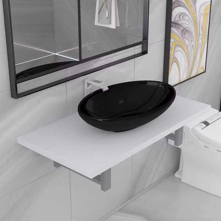 Set di mobili da bagno moderno vidaXL in ceramica bianca composto da mobile sottolavabo e pensile a parete