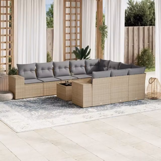 vidaXL Set Divani da Giardino 11 pz a Forma a U in Polyrattan con Cuscini Beige e Tavolino da Esterno