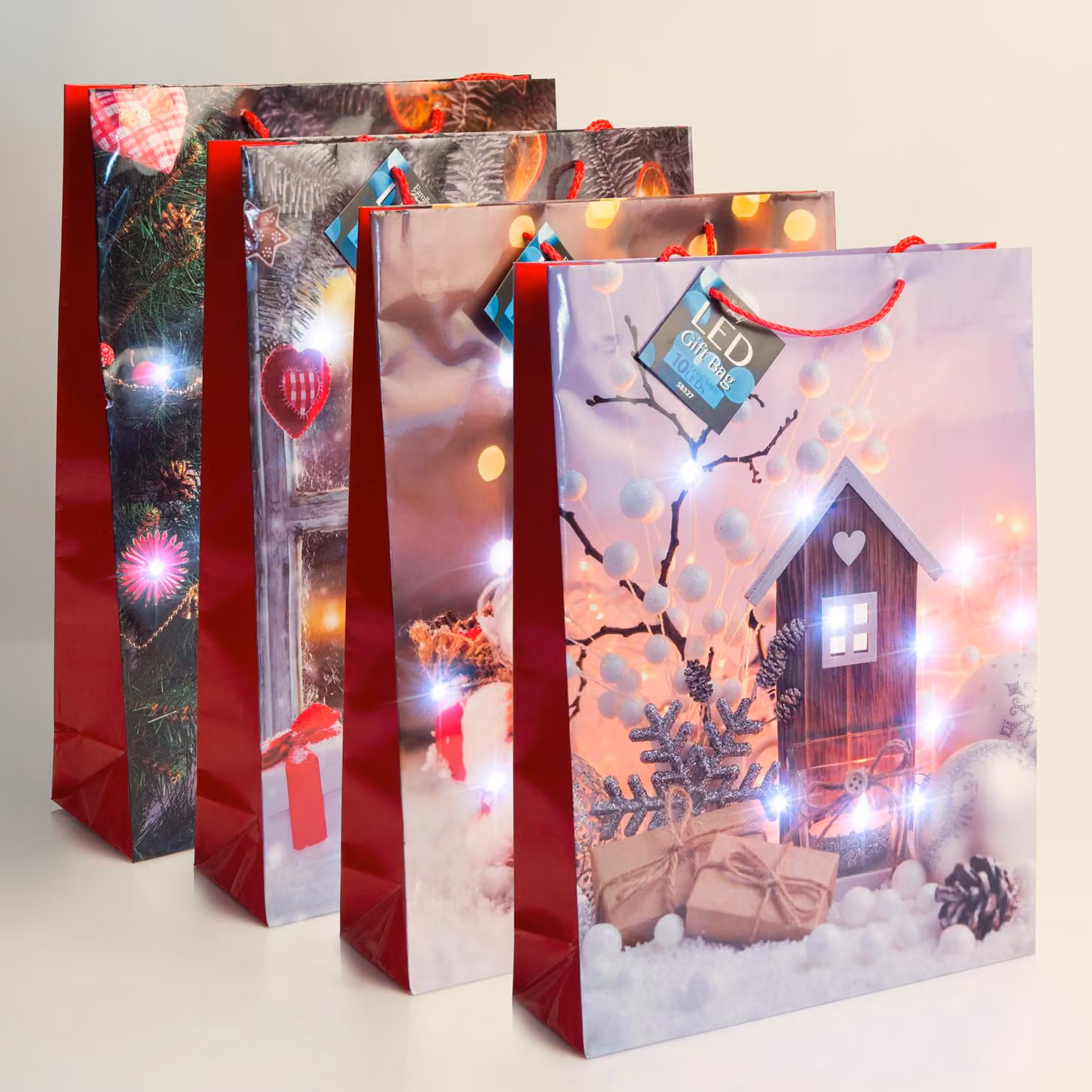 Borsa regalo - 10 LED bianchi freddi, materiale: carta - dimensioni: 330 x 102 x 457 mm - 4 modelli diversi / confezione, confezione da 12 pezzi
