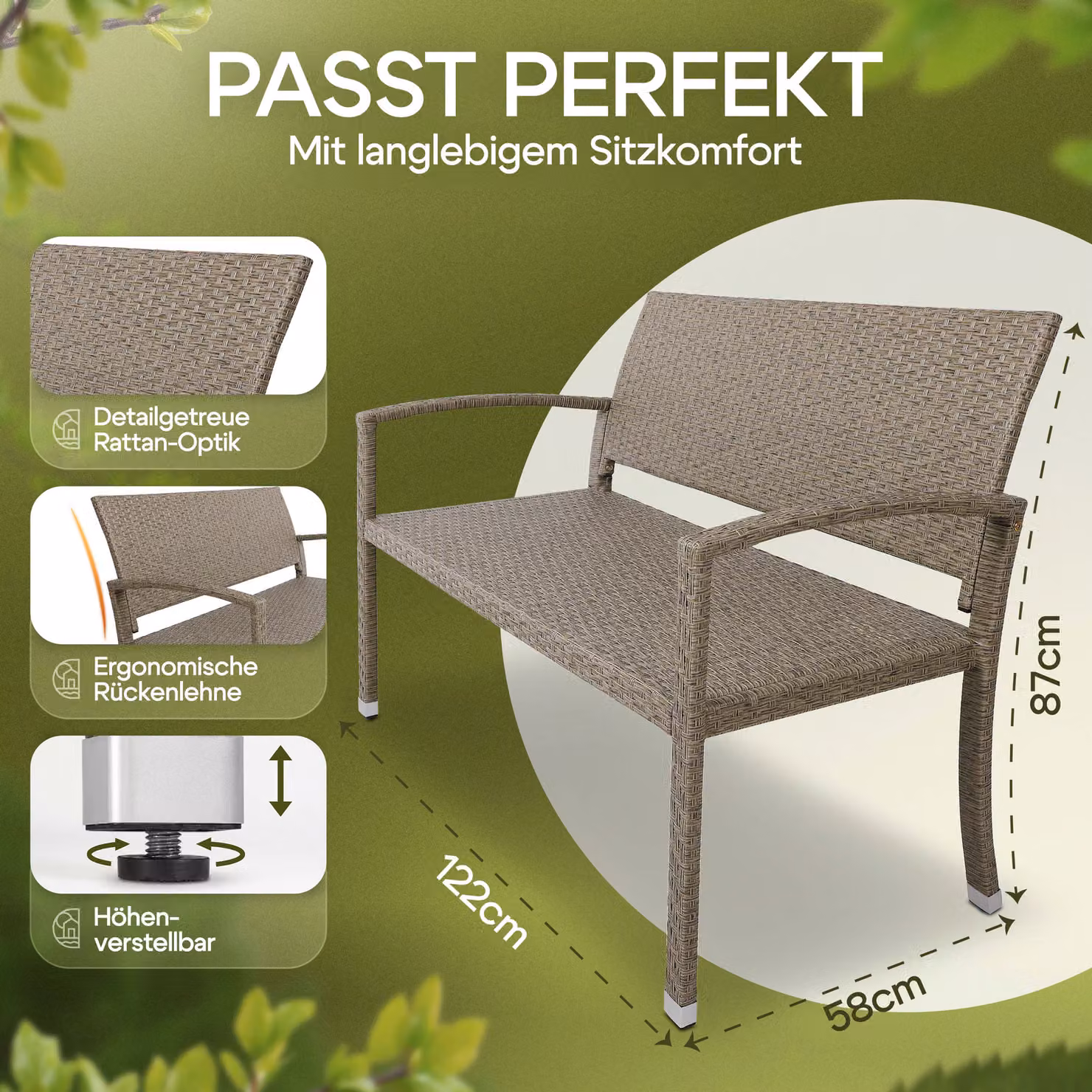 Panchina da giardino moderna Casaria in polyrattan beige con braccioli L: 122 cm, P: 55 cm, H: 90 cm – 3