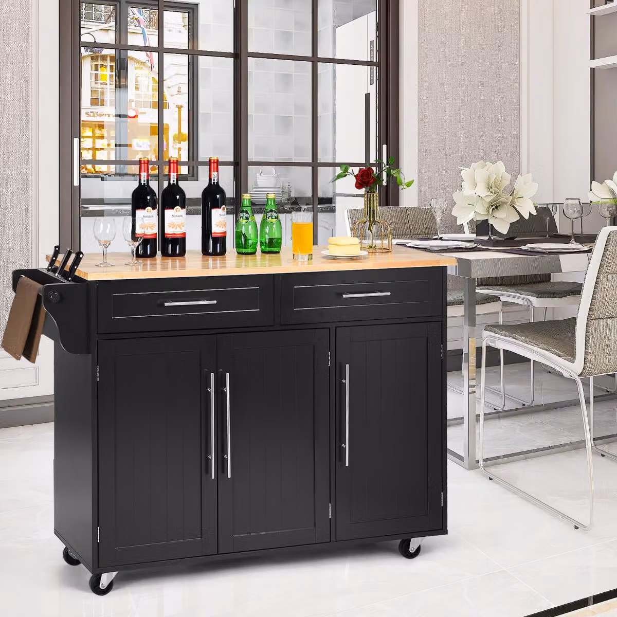 Carrello da cucina moderno Costway in legno con 2 cassetti e maniglia, colore nero, L: 122 cm, P: 46 cm, H: 92,3 cm – 3