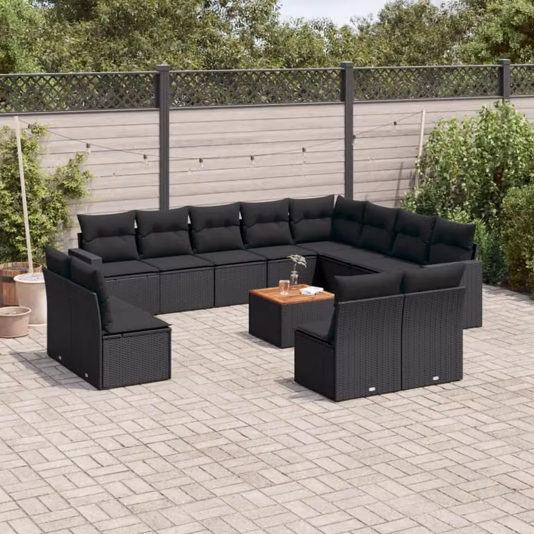 vidaXL Set Divani da Giardino a L in Polyrattan Nero con Cuscini e Tavolino da Esterno
