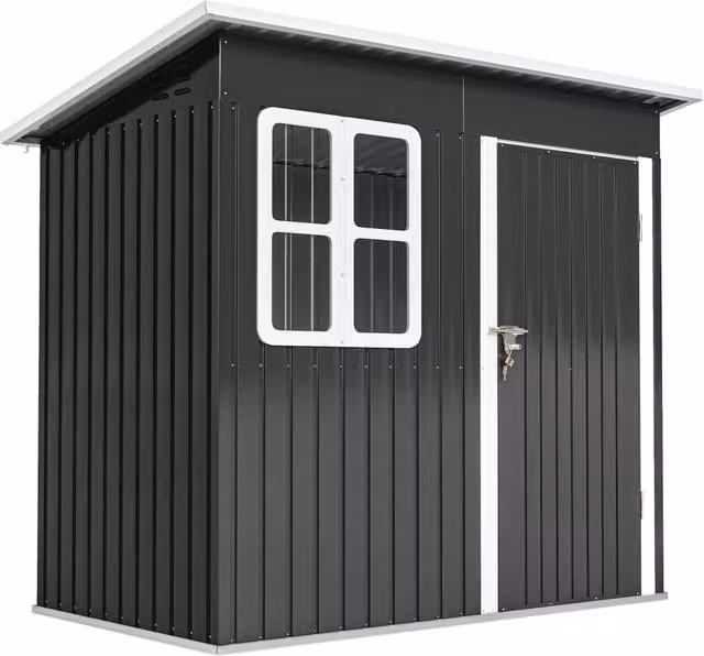 Casetta Box da Giardino 211x133x173/190 cm con Kit di Fondazione Porta Blocco Tetto Inclinato in Acciaio Zincato Grigio