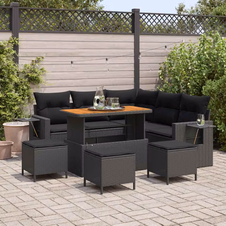 Set Divano da Giardino Moderno vidaXL in Polyrattan Nero con Cuscini e Tavolino da Esterno 9 Pezzi