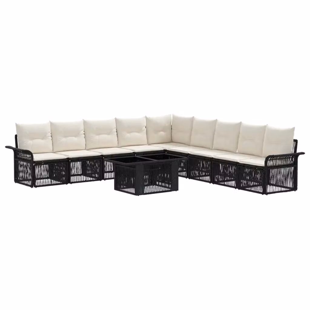 Set Divano da Giardino a Forma a U vidaXL in Polyrattan con Tavolino e Cuscini, Nero e Bianco Crema – 2