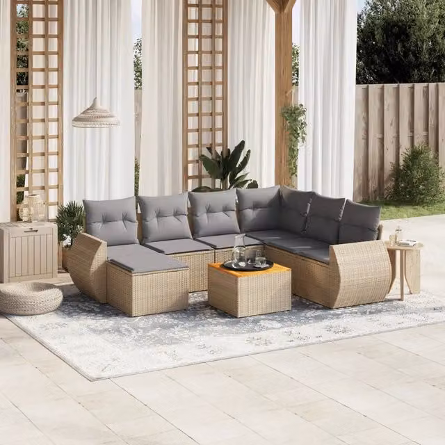 vidaXL Set Divano da Giardino a L in Polyrattan con Cuscini Beige e Grigio 8 pz