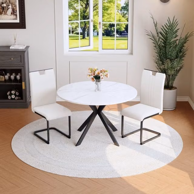 Set tavolo da pranzo e sedie con 1 tavolo rotondo e 4 sedie, base a X, in MDF metallo e PU bianco
