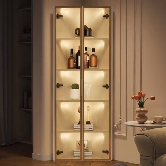 Vetrina angolare moderna MIVRAY bianca con LED e ante in vetro con chiusura ammortizzata, L: 62 cm, P: 35 cm, H: 160 cm