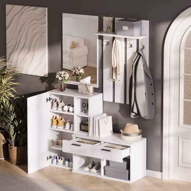 Guardaroba da ingresso ULEVR 120x35x175,5 cm con specchio, scarpiera, 2 cassetti e 4 ganci, bianco