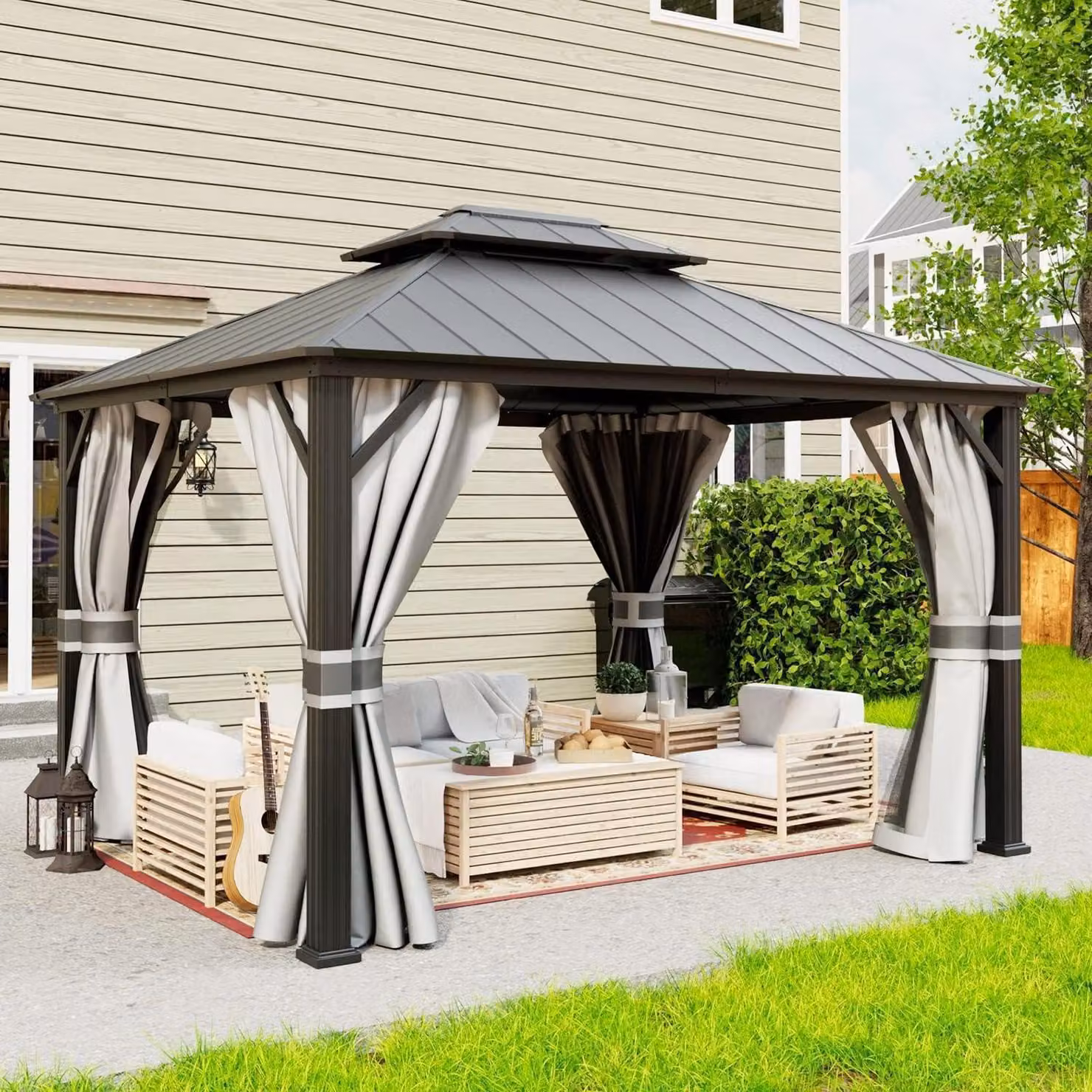 Gazebo da giardino, dimensioni 3 x 3,65 metri, impermeabile, stabile, con copertura rigida a doppio strato, in alluminio grigio, completo di zanzariera e tende