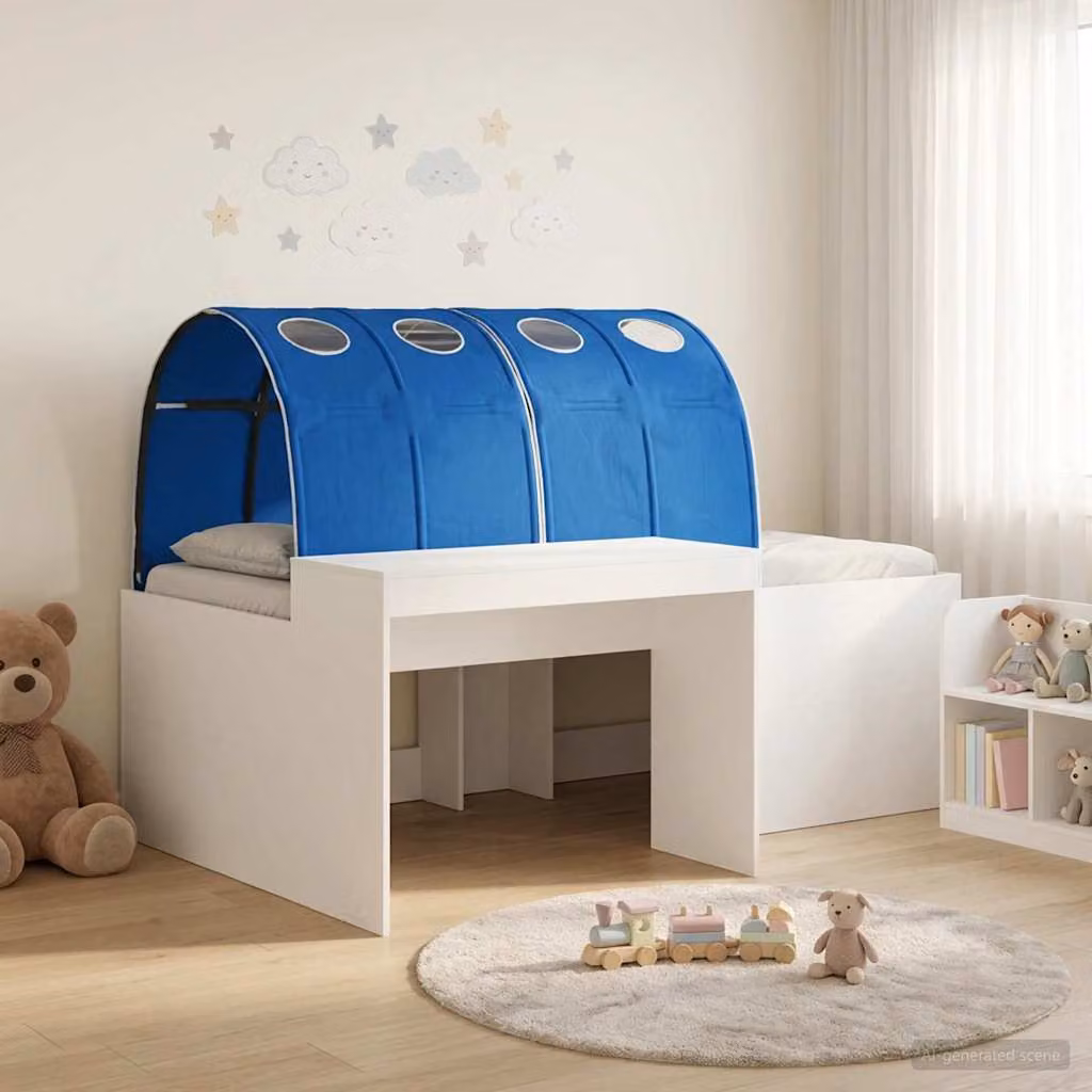 Letto alto per bambini con scrivania vidaXL, 3 pezzi, Bianco e Blu, L: 193 cm, P: 120 cm, H: 133,5 cm