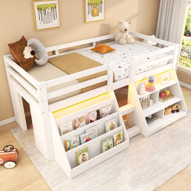 Letto semi alto 90x200 cm con contenitori; sponde e scaletta; in legno di pino e MDF; bianco per cameretta