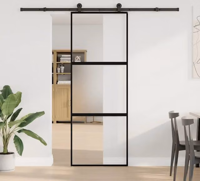 Porta Scorrevole vidaXL in Alluminio e Vetro Temperato Trasparente con Colore Nero L: 76 cm, H: 205 cm