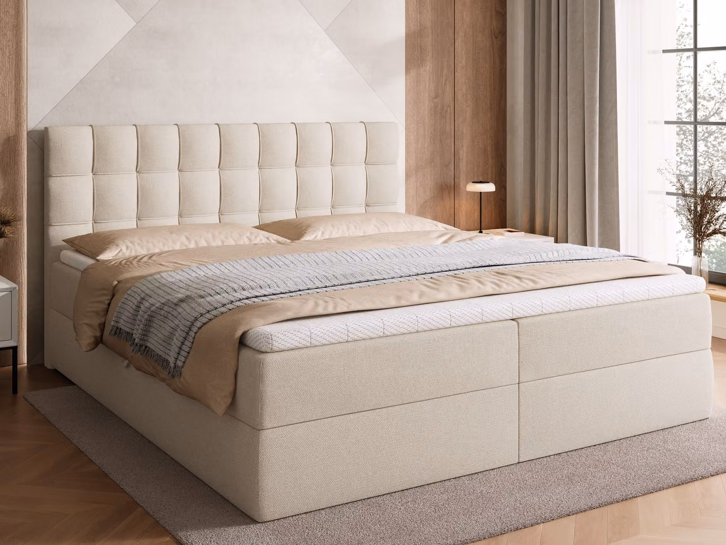 BroMARKT Letto a molle DETROIT con 2 reti, materasso Bonell, letto imbottito, letto (Beige, Cosmic 10, 180 x 200 cm)