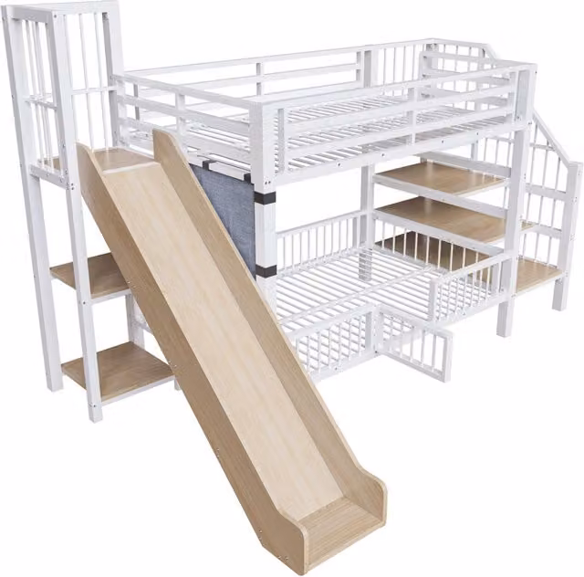 Letto a castello moderno in metallo e legno con scivolo, scala contenitore e ripiani, colore bianco, L/P/H: 200 x 90 x 166,4 cm
