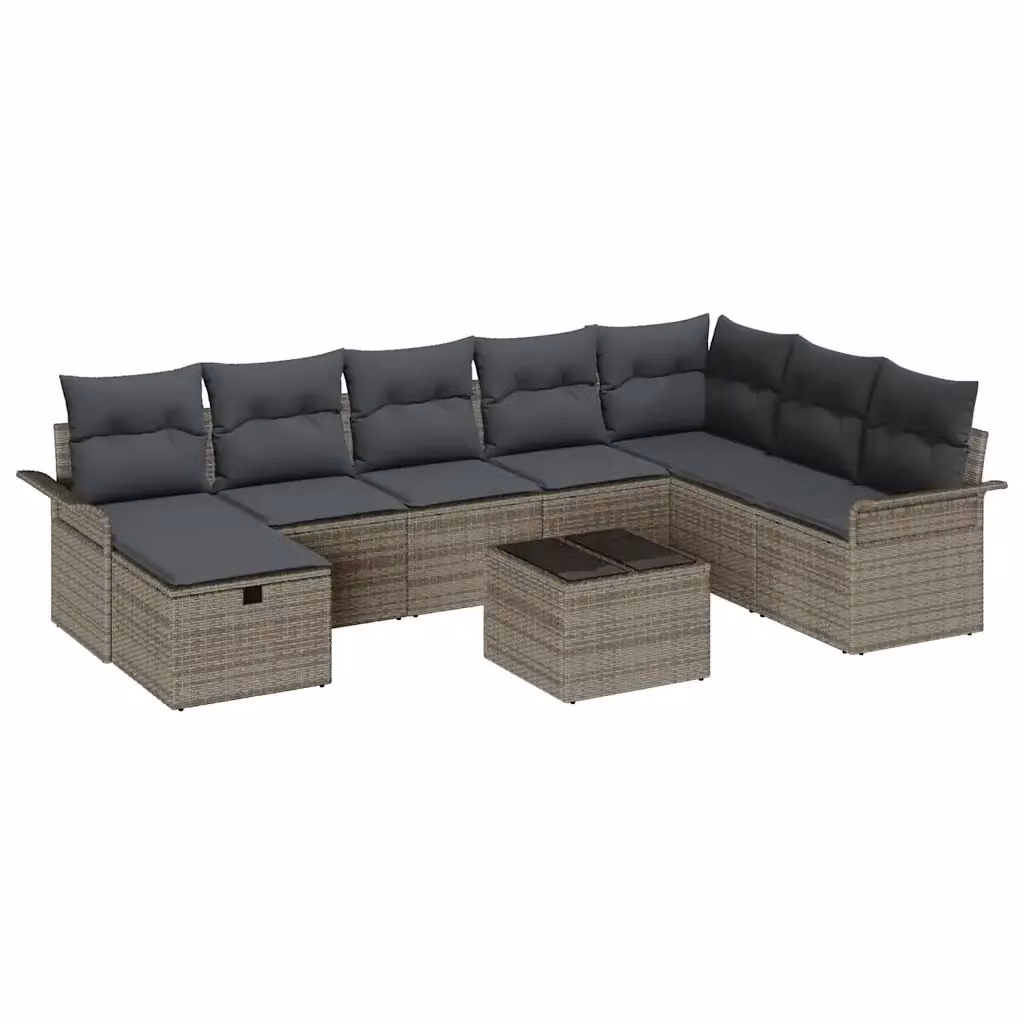 Set Divano da Giardino vidaXL 9 Pezzi in Poly Rattan Grigio con Cuscini e Tavolino da Esterno – 2
