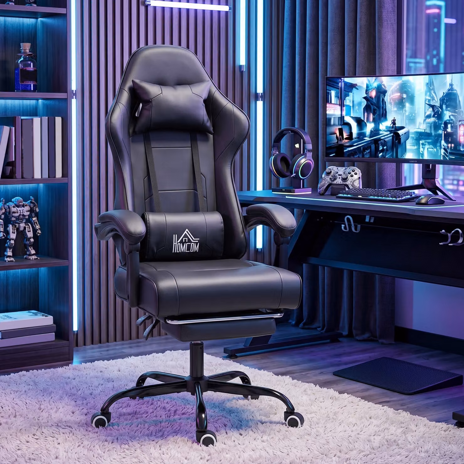 Sedia Gaming Ergonomica HOMCOM con Supporto Lombare Massaggiante e Schienale Reclinabile, Nero – 2
