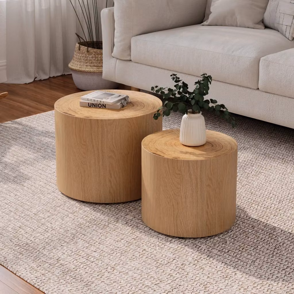 Set di 2 tavoli rotondi minimalisti REDOM in legno naturale marrone, Ø 48 cm e Ø 38 cm – 2