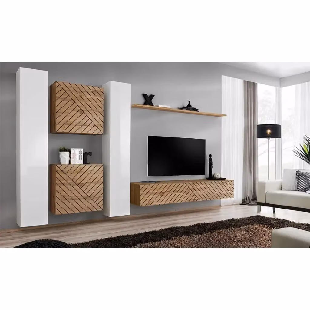 Set arredo design per soggiorno SWITCH VI Meublorama, bianco lucido e quercia, composto da lowboard, pensile, scaffale aperto e colonna alta – 2