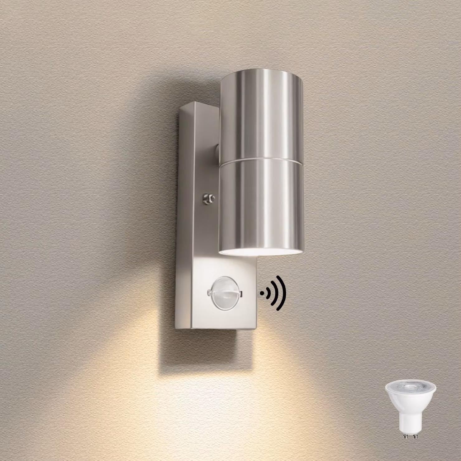 Lampada da esterno in acciaio inossidabile con sensore di movimento, grado di protezione IP54, attacco GU10, 5W, colore argento