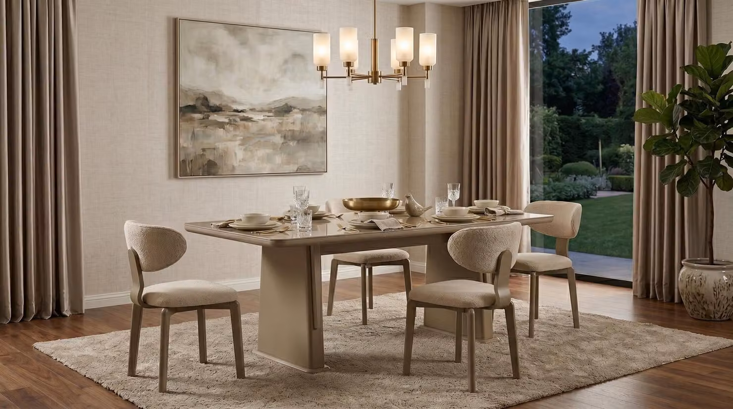 Set per sala da pranzo: tavolo da pranzo e 4 sedie, stile moderno, elegante e minimalista