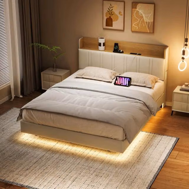 Letto Matrimoniale 140x190 cm con Luci LED e Porta USB; Letto Matrimoniale Imbottito; Struttura Letto Sospesa; Testiera in PU Beige; Senza Materasso