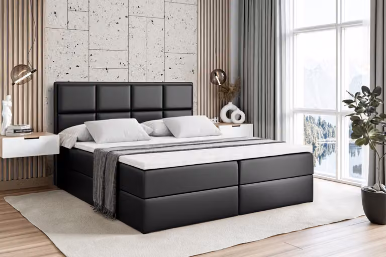 Letto boxspring ALTDECOR con materasso H3 e topper - 200 x 200 cm - NOVA - Pelle finta nera - Letto imbottito con contenitore e rete a doghe, letto con spazio contenitivo
