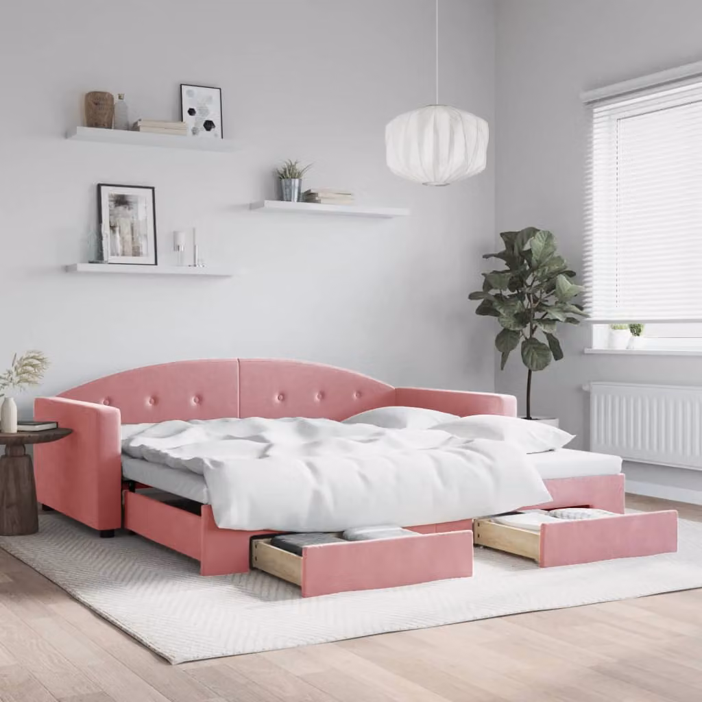 vidaXL Divano Letto Estraibile in Velluto Rosa con Cassetti L/P: 100 x 200 cm